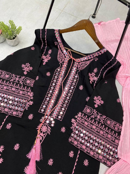 DESIGNER WEAR EXCLUSIVE SUIT IN EMBROIDERED WITH REAL MIRROR WORKED ROMAN SILK FABRIC TOP AND PANT WITH DUPATTA PAIR  single available wholesale
