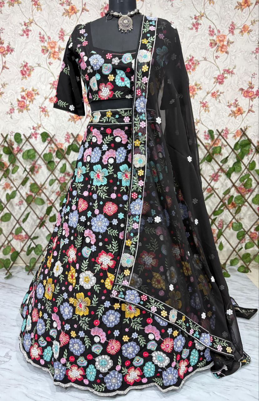 Faux Georgette Embellished With Beautiful Multi Thread Embroidery With Beautiful Heavy Sequins Work With Heavy Cancan