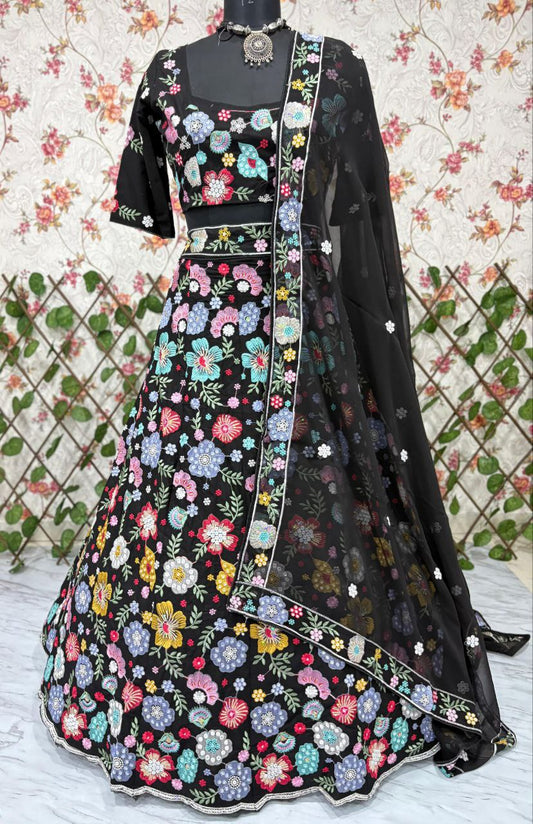 Faux Georgette Embellished With Beautiful Multi Thread Embroidery With Beautiful Heavy Sequins Work With Heavy Cancan
