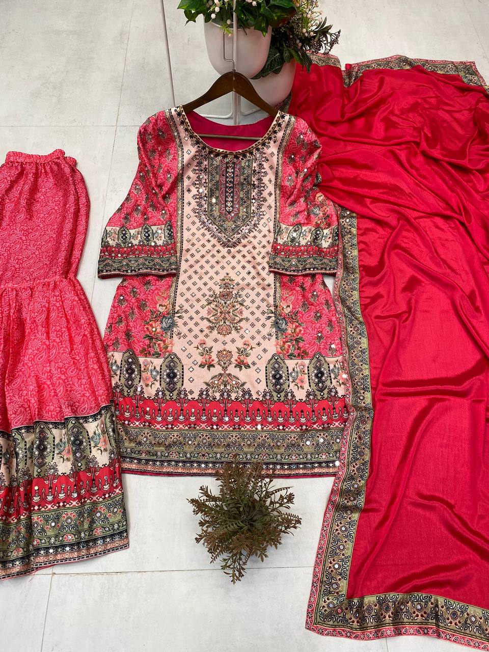 SARARA SUIT IN REAL MIRROR WORKED TOP SARARA WITH DUPATTA PAIR