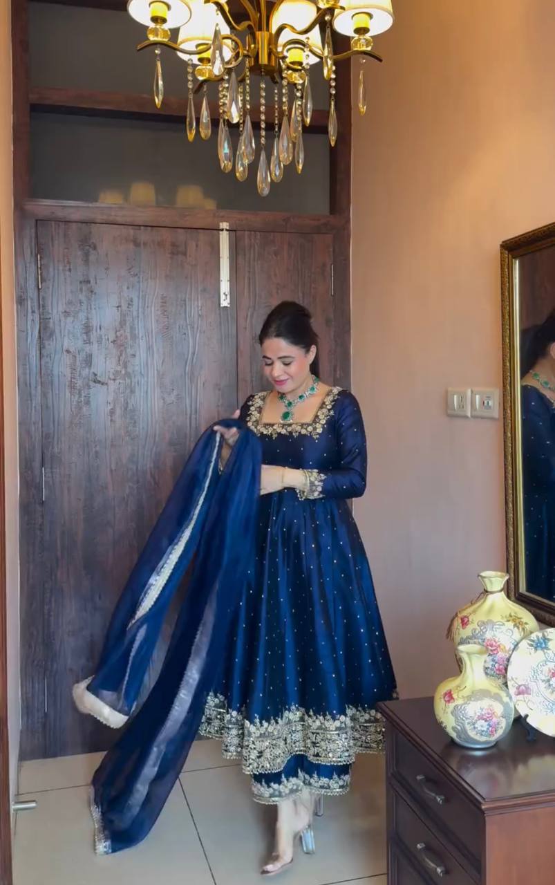 gown Pure Vichitra Silk Anarkali Gown,Dupatta & Pent Plazzo Set