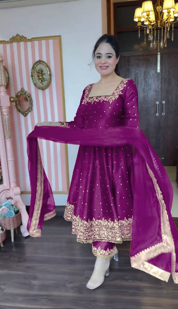 gown Pure Vichitra Silk Anarkali Gown,Dupatta & Pent Plazzo Set