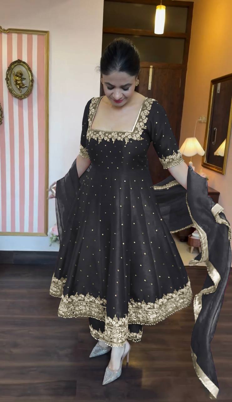 gown Pure Vichitra Silk Anarkali Gown,Dupatta & Pent Plazzo Set