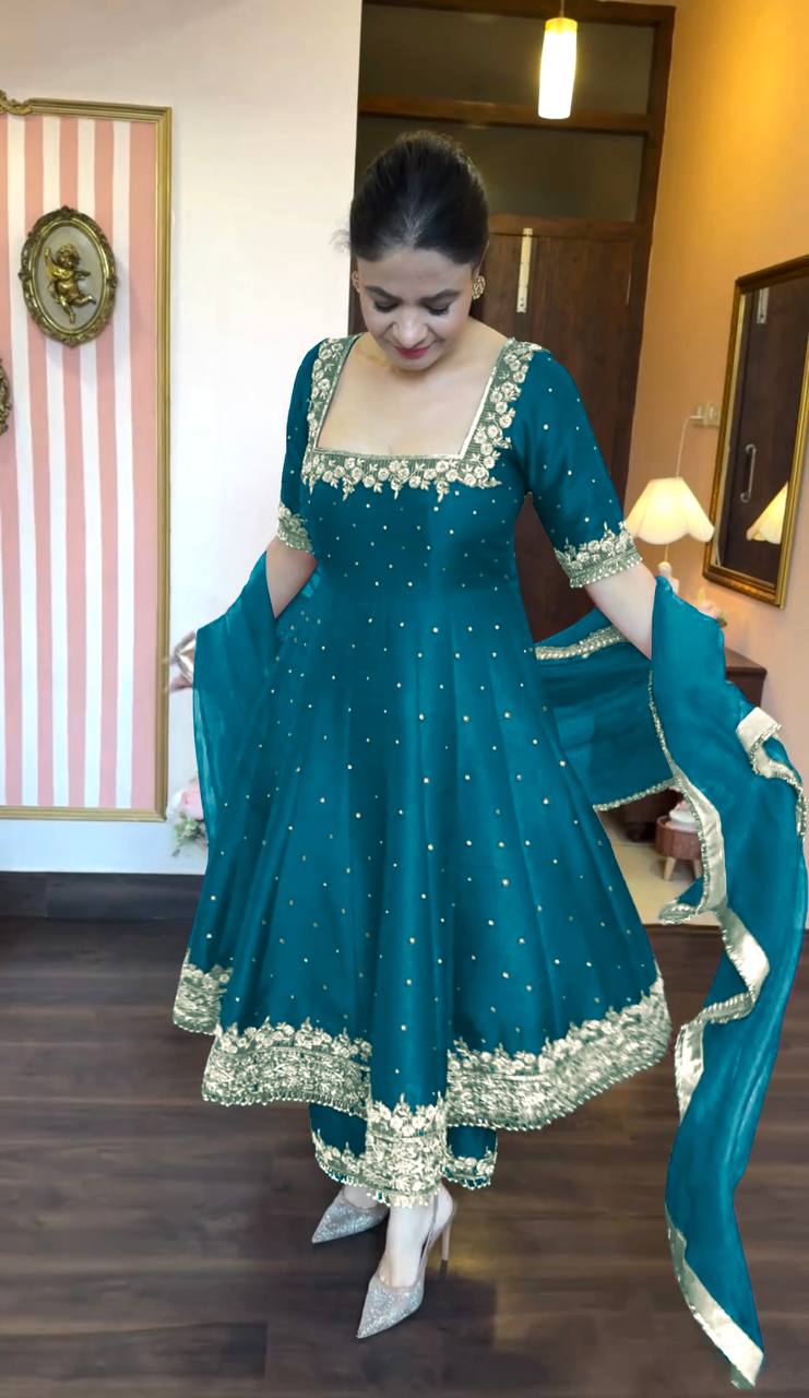 gown Pure Vichitra Silk Anarkali Gown,Dupatta & Pent Plazzo Set