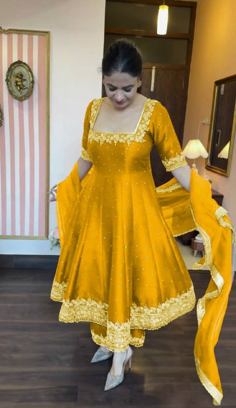 gown Pure Vichitra Silk Anarkali Gown,Dupatta & Pent Plazzo Set