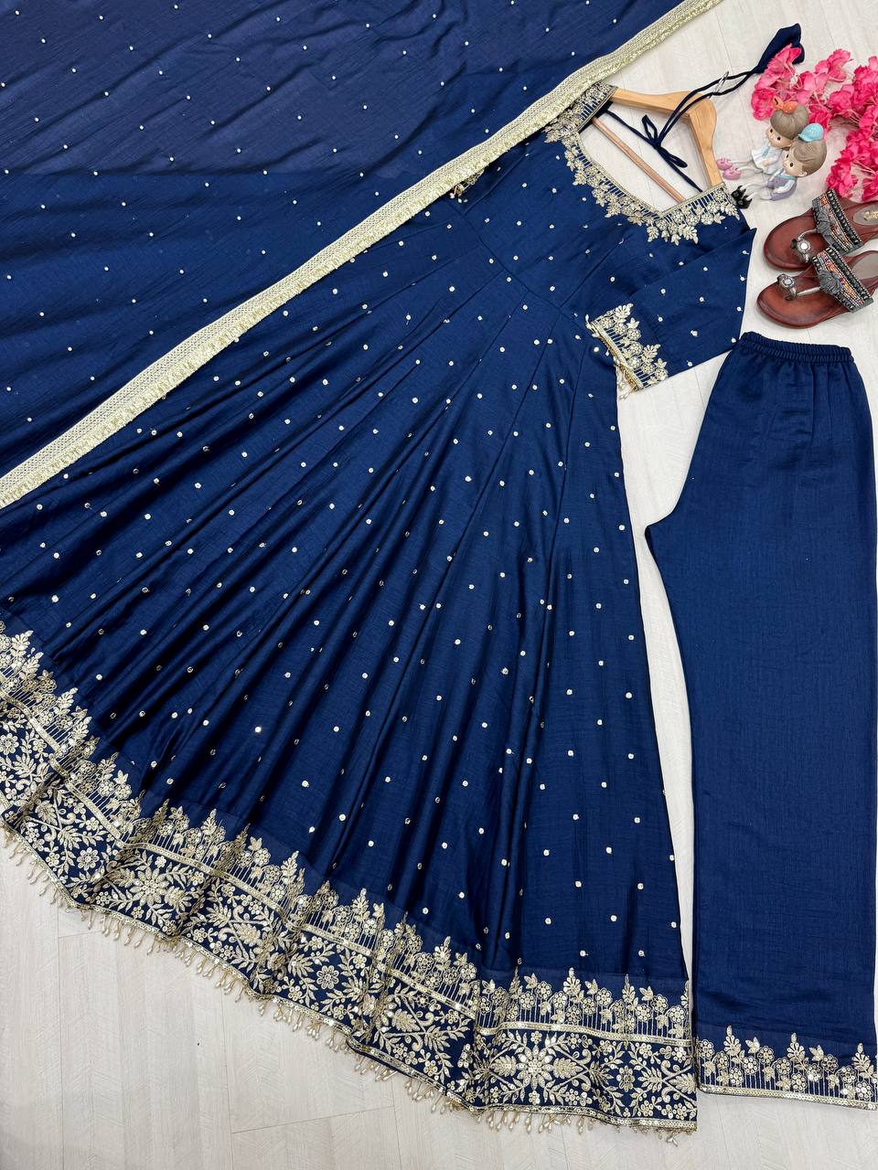 gown Pure Vichitra Silk Anarkali Gown,Dupatta & Pent Plazzo Set