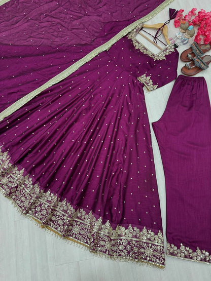gown Pure Vichitra Silk Anarkali Gown,Dupatta & Pent Plazzo Set
