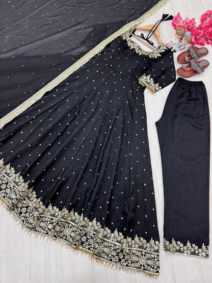 gown Pure Vichitra Silk Anarkali Gown,Dupatta & Pent Plazzo Set