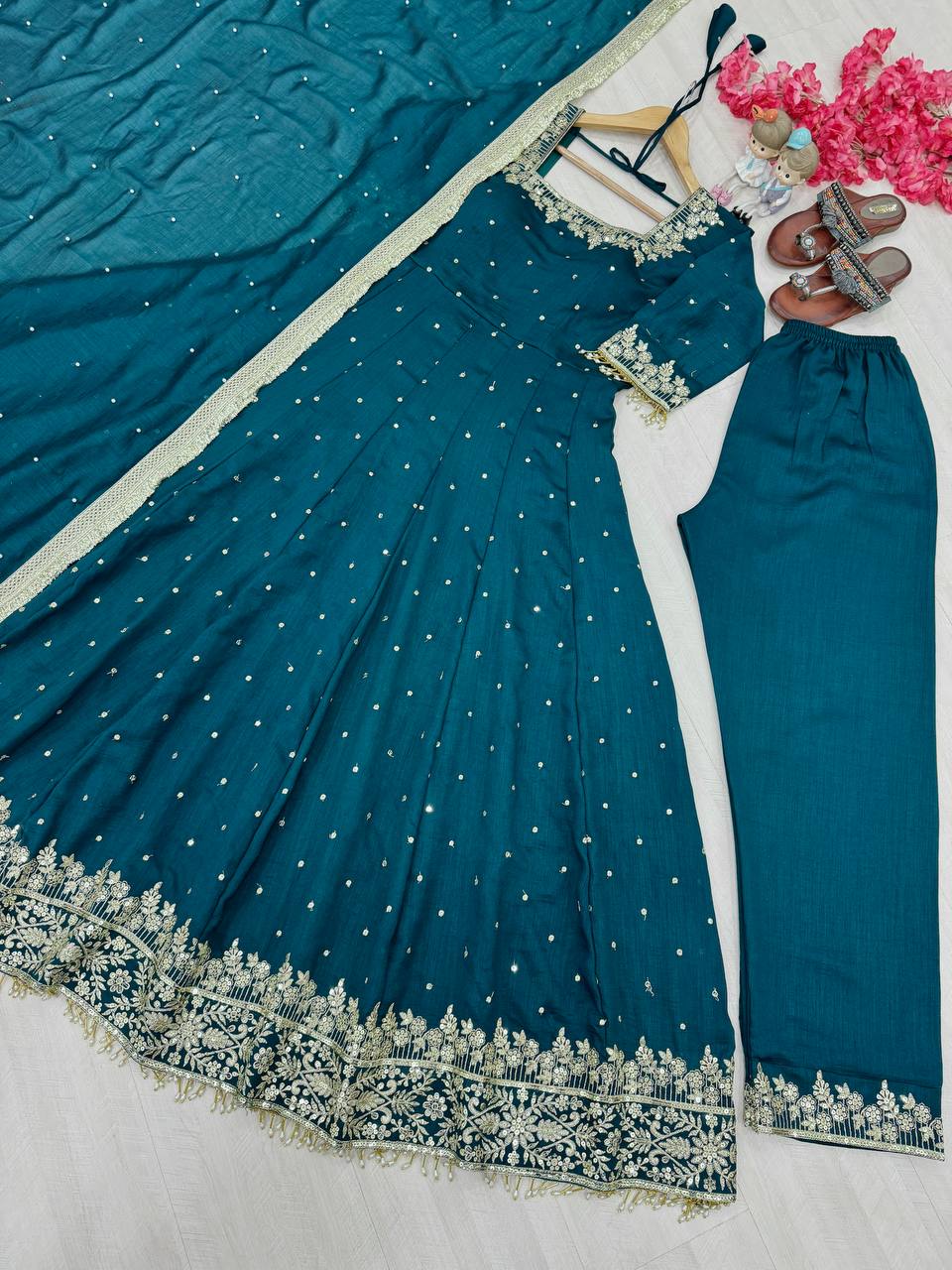 gown Pure Vichitra Silk Anarkali Gown,Dupatta & Pent Plazzo Set