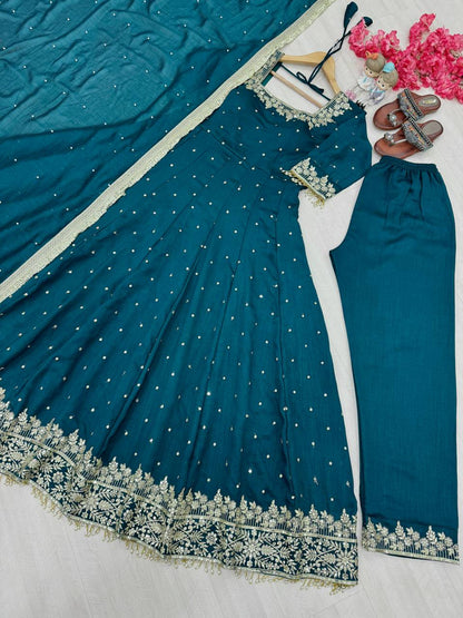 gown Pure Vichitra Silk Anarkali Gown,Dupatta & Pent Plazzo Set