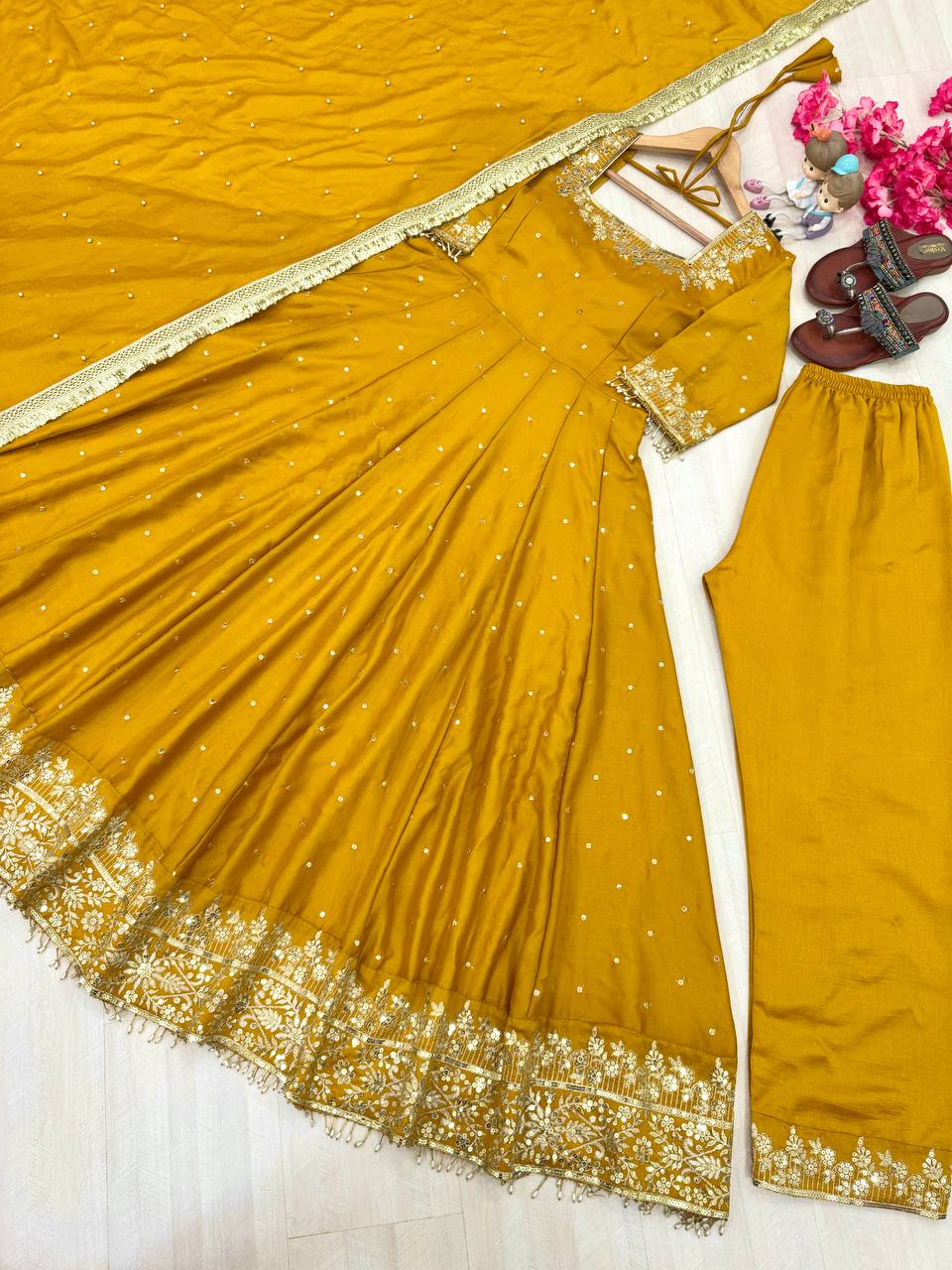 gown Pure Vichitra Silk Anarkali Gown,Dupatta & Pent Plazzo Set