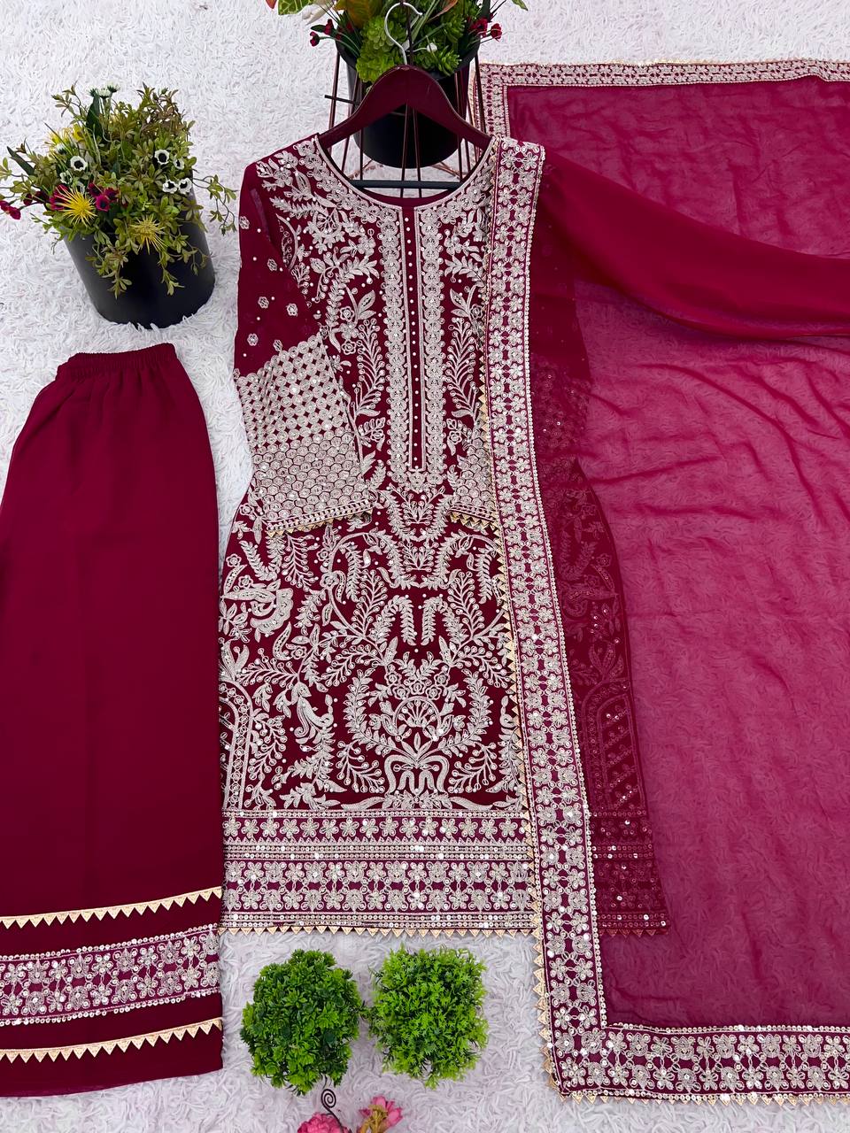 Designer Party Wear Look Top-Plazzo and Dupatta With Heavy Embroidery Work single available wholesale