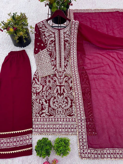 Designer Party Wear Look Top-Plazzo and Dupatta With Heavy Embroidery Work single available wholesale