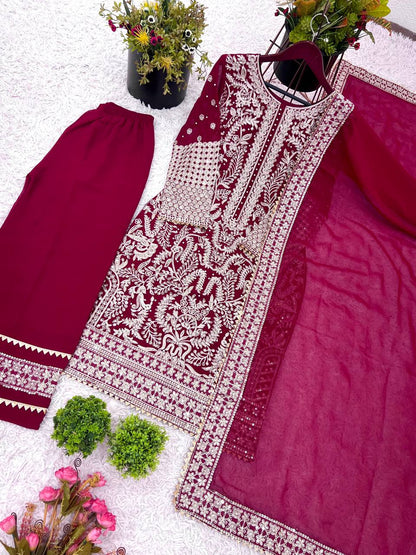 Designer Party Wear Look Top-Plazzo and Dupatta With Heavy Embroidery Work single available wholesale