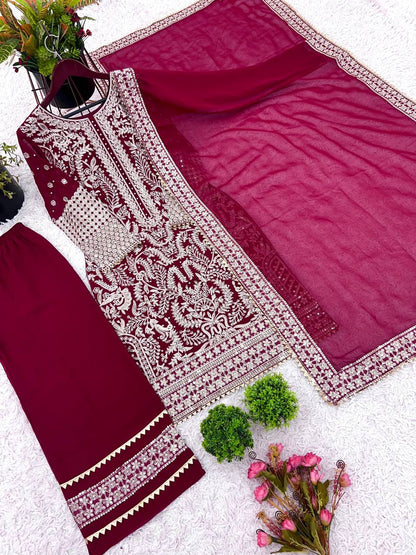 Designer Party Wear Look Top-Plazzo and Dupatta With Heavy Embroidery Work single available wholesale