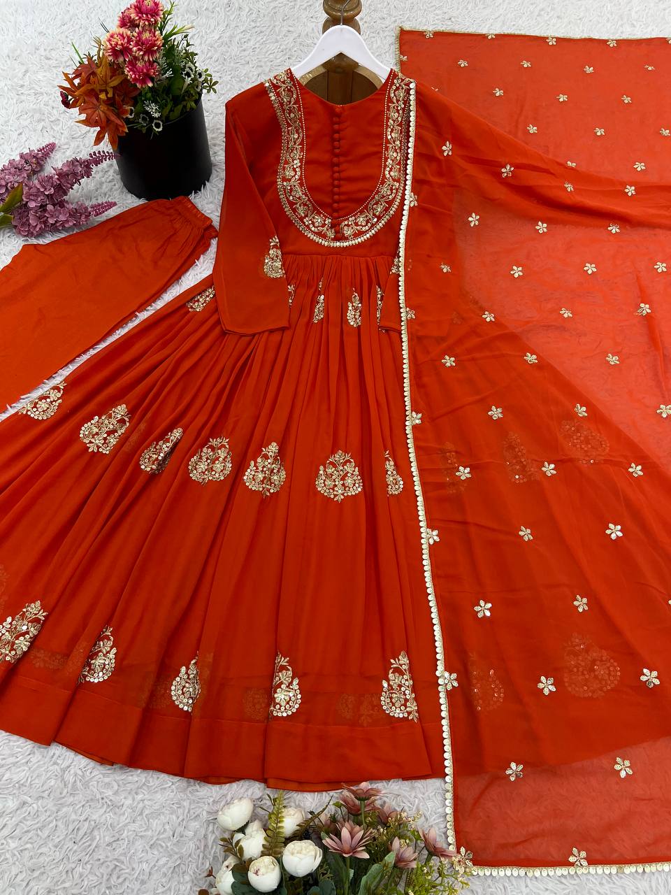 Designer Collection In Faux Georgette With Embroidery Sequence Work Gown And Dupatta Set Fully Stitched Ready To Wear  single available wholesale