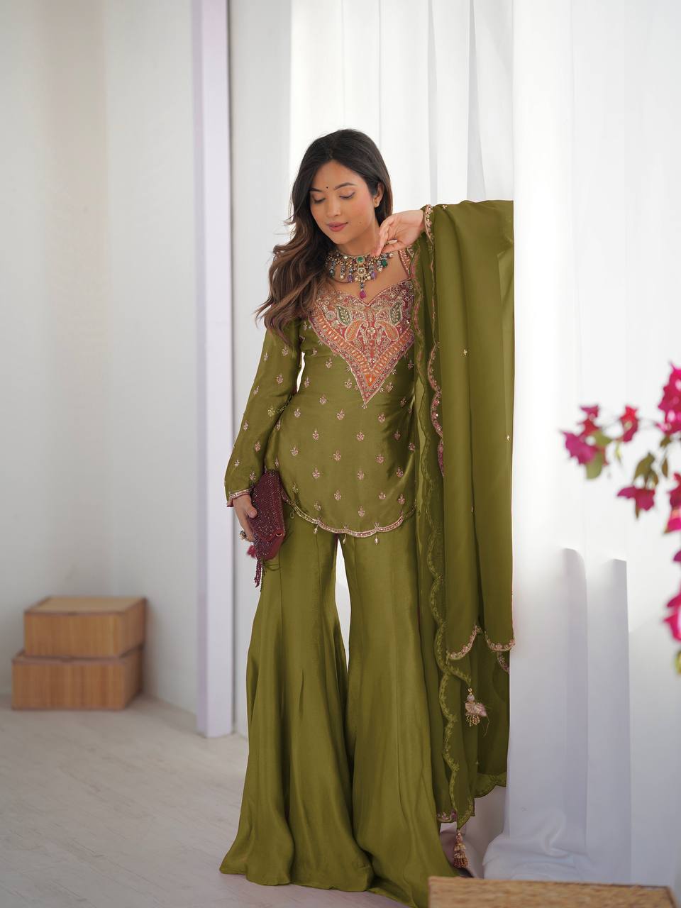 Designer Collection In simar silk With Embroidery Work Top-Bottom And Dupatta Set Fully Stitched Ready To Wear  single available wholesale