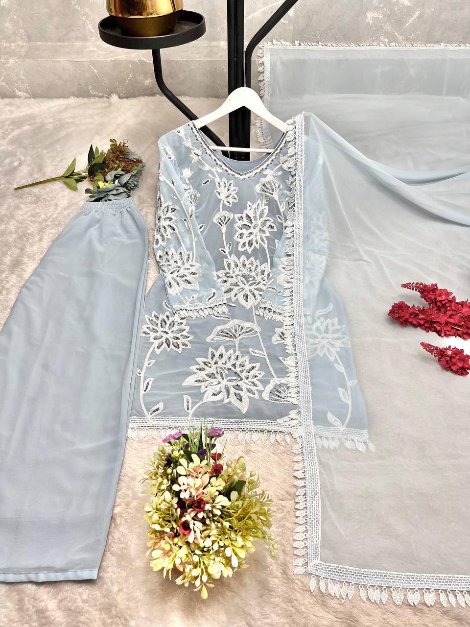 Ready To Wear Collection With Embroidery And Sequence Worked Top-Plazzo And Dupatta Set Fully Stitched Ready To Wear single available wholesale