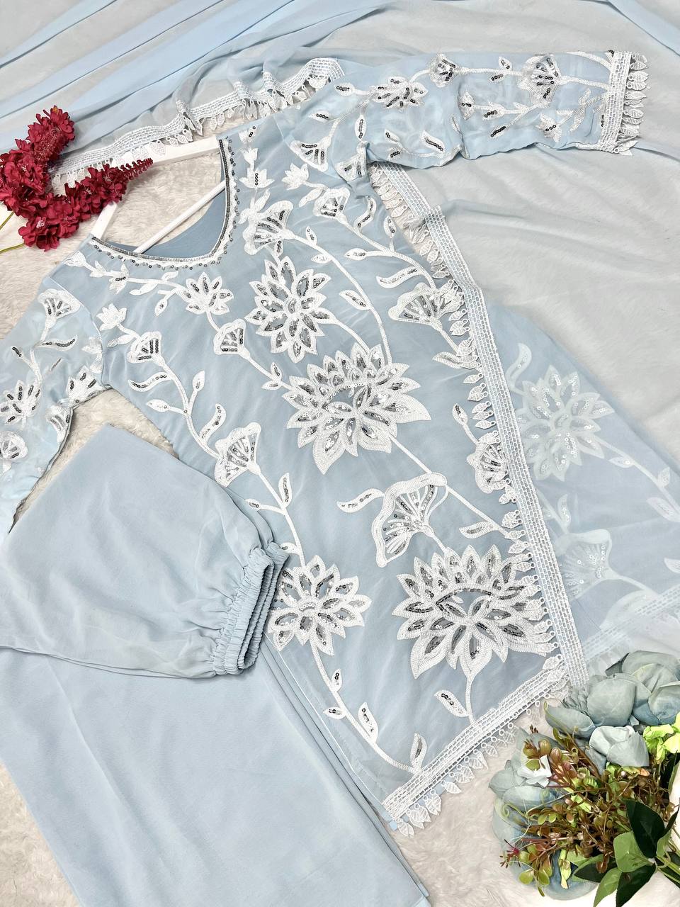 Ready To Wear Collection With Embroidery And Sequence Worked Top-Plazzo And Dupatta Set Fully Stitched Ready To Wear single available wholesale