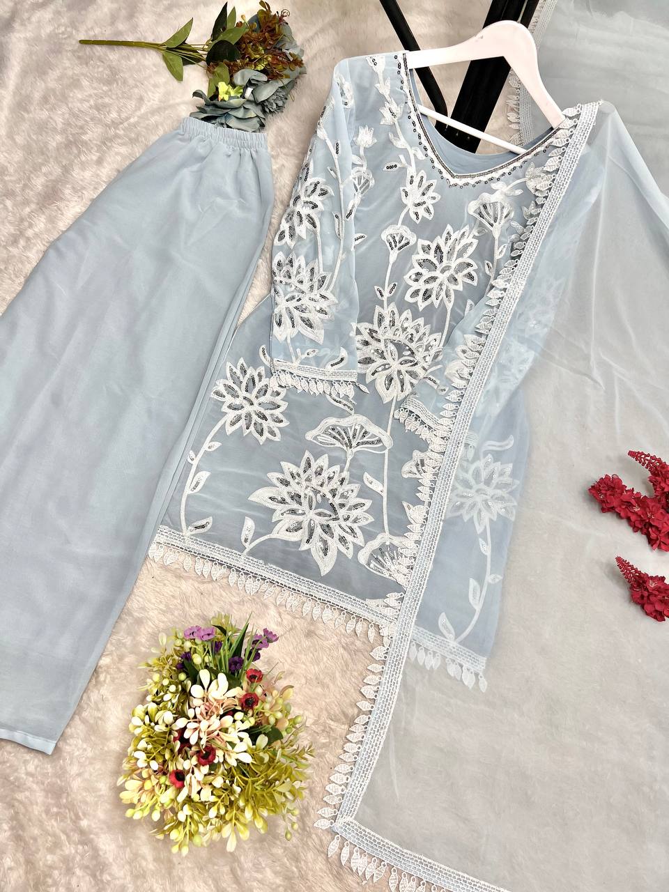 Ready To Wear Collection With Embroidery And Sequence Worked Top-Plazzo And Dupatta Set Fully Stitched Ready To Wear single available wholesale
