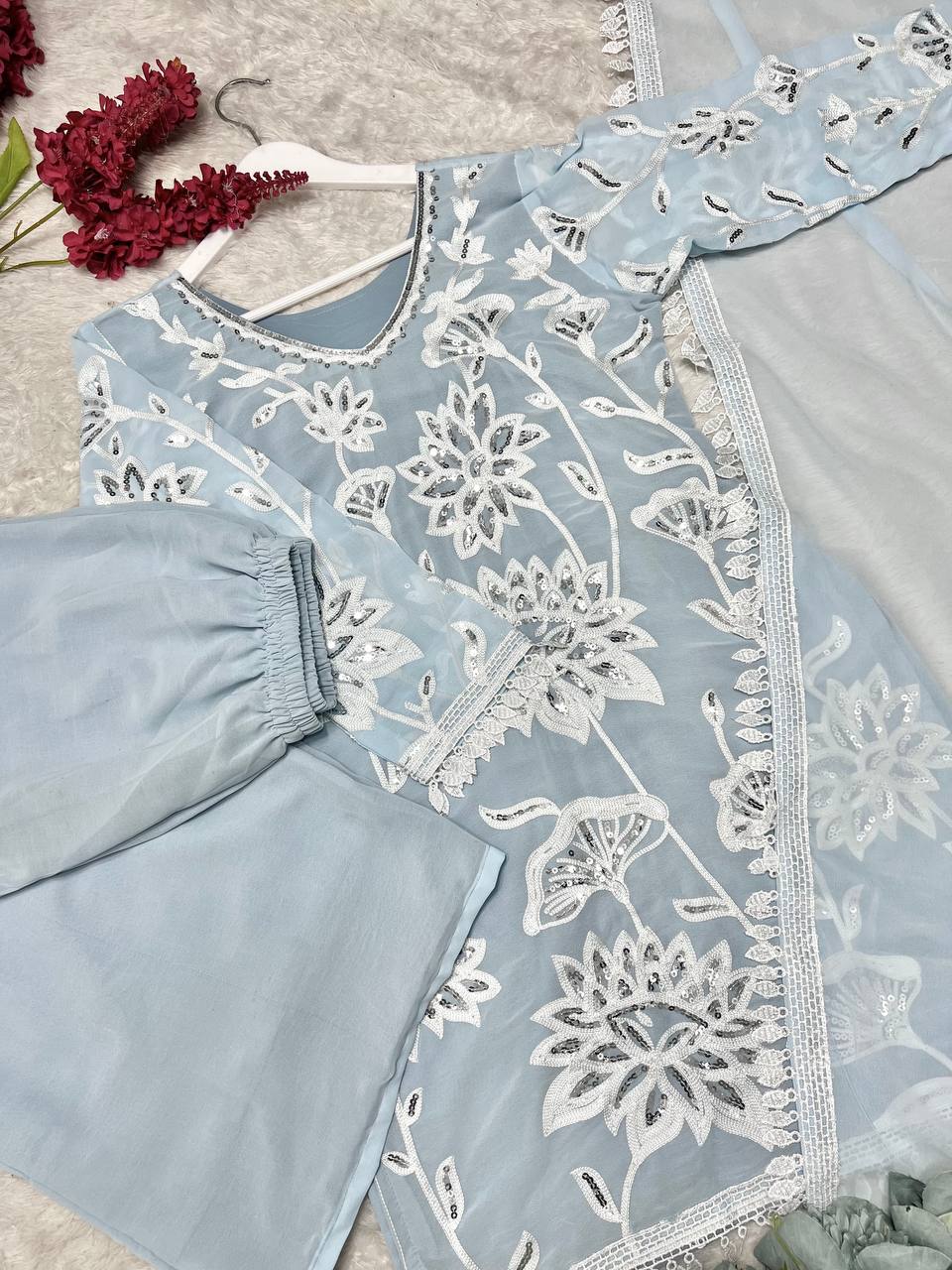 Ready To Wear Collection With Embroidery And Sequence Worked Top-Plazzo And Dupatta Set Fully Stitched Ready To Wear single available wholesale