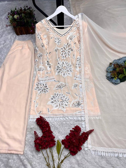 Ready To Wear Collection With Embroidery And Sequence Worked Top-Plazzo And Dupatta Set Fully Stitched Ready To Wear single available wholesale