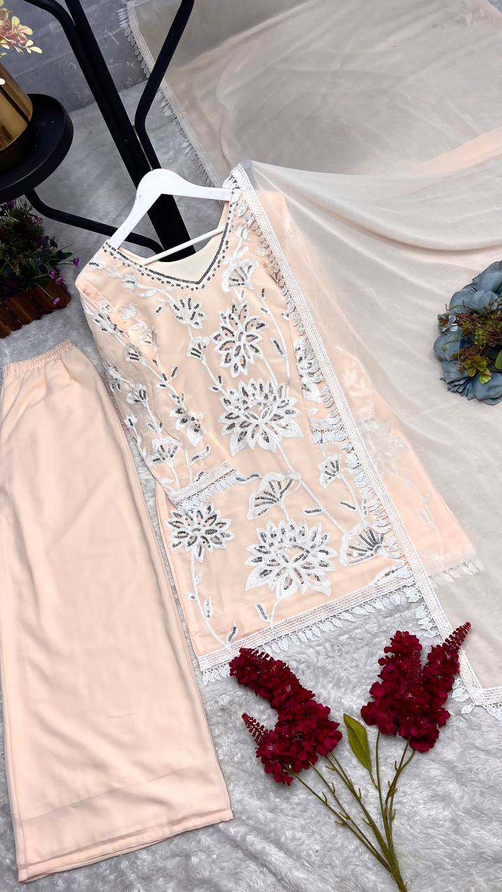 Ready To Wear Collection With Embroidery And Sequence Worked Top-Plazzo And Dupatta Set Fully Stitched Ready To Wear single available wholesale