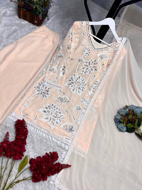 Ready To Wear Collection With Embroidery And Sequence Worked Top-Plazzo And Dupatta Set Fully Stitched Ready To Wear single available wholesale