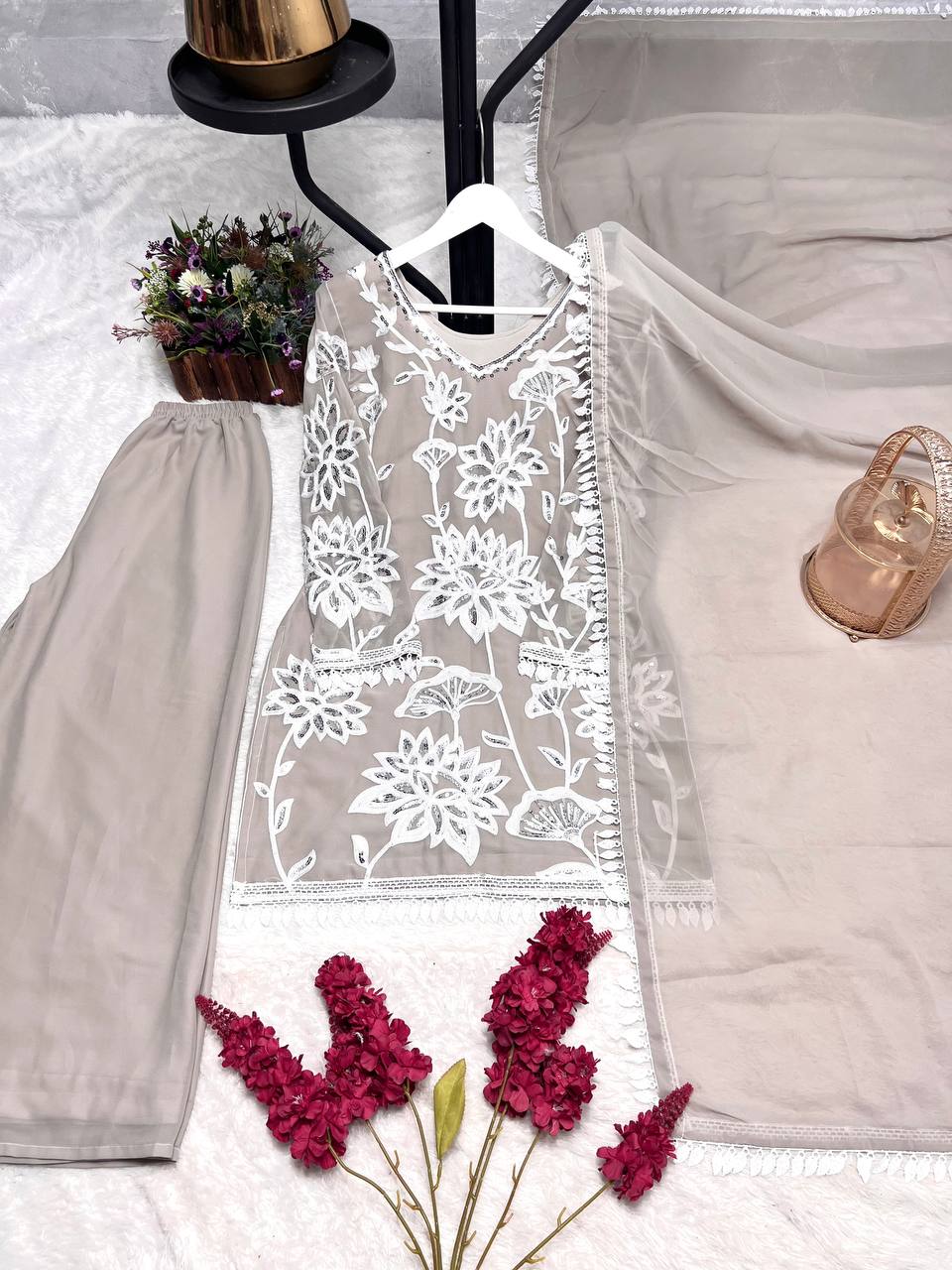 Ready To Wear Collection With Embroidery And Sequence Worked Top-Plazzo And Dupatta Set Fully Stitched Ready To Wear single available wholesale