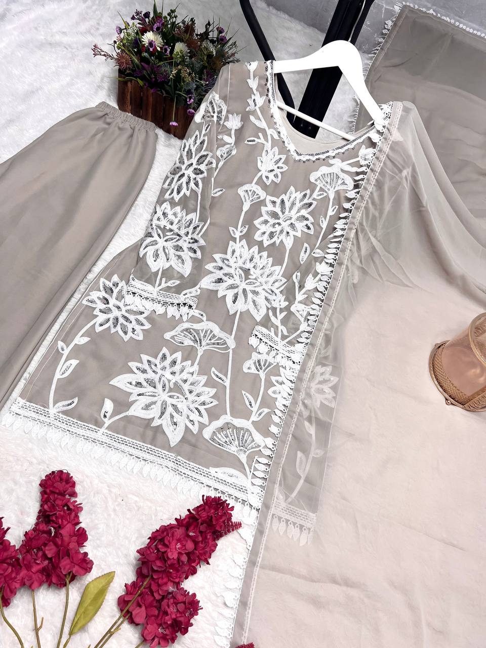 Ready To Wear Collection With Embroidery And Sequence Worked Top-Plazzo And Dupatta Set Fully Stitched Ready To Wear single available wholesale