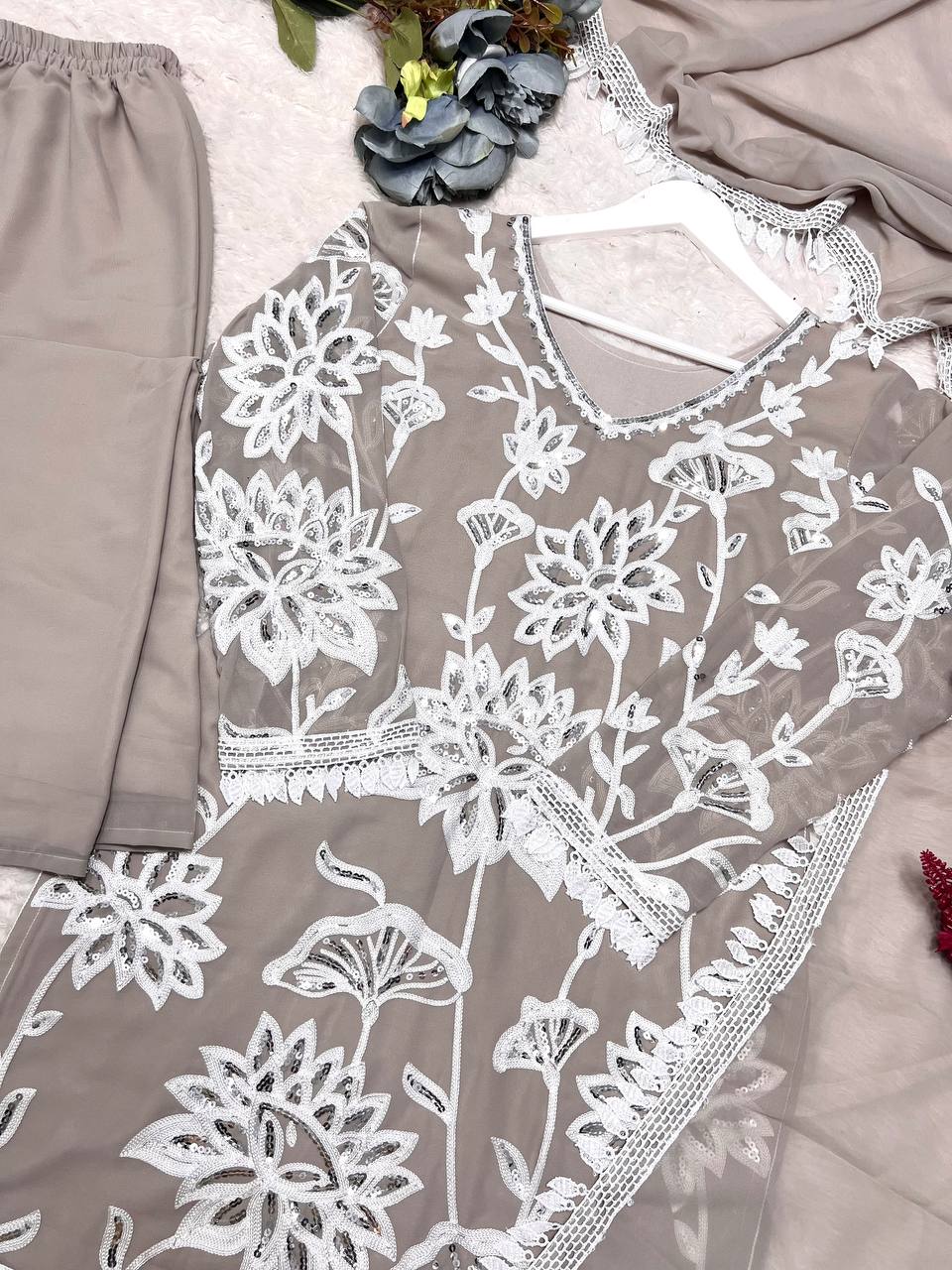 Ready To Wear Collection With Embroidery And Sequence Worked Top-Plazzo And Dupatta Set Fully Stitched Ready To Wear single available wholesale
