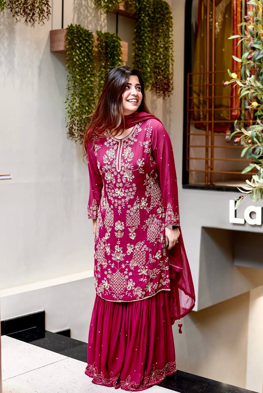 Designer Party Wear Look Top-Plazzo and Dupatta With Heavy Embroidery Work single available wholesale