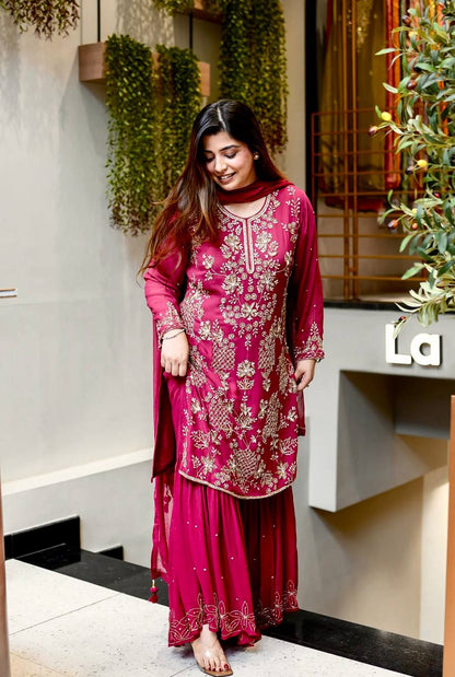 Designer Party Wear Look Top-Plazzo and Dupatta With Heavy Embroidery Work single available wholesale