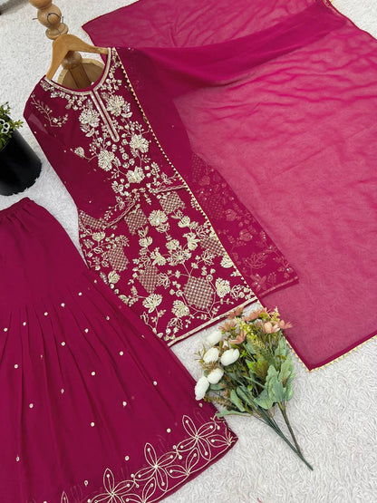 Designer Party Wear Look Top-Plazzo and Dupatta With Heavy Embroidery Work single available wholesale