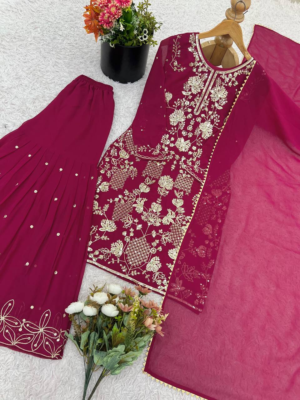 Designer Party Wear Look Top-Plazzo and Dupatta With Heavy Embroidery Work single available wholesale