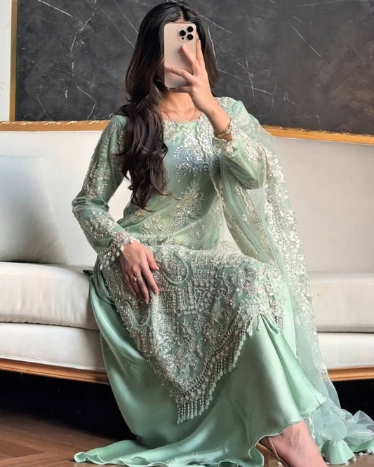 DESIGNER WEAR HEAVY EMBROIDERY CHINE SEQUENCE PARTY WEAR COLLECTION single available wholesale