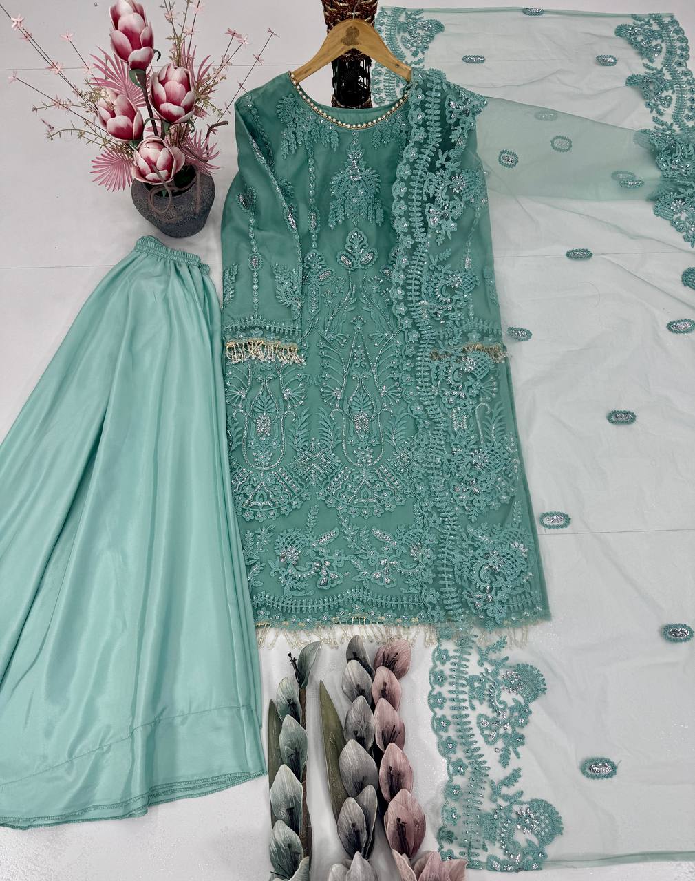 DESIGNER WEAR HEAVY EMBROIDERY CHINE SEQUENCE PARTY WEAR COLLECTION single available wholesale