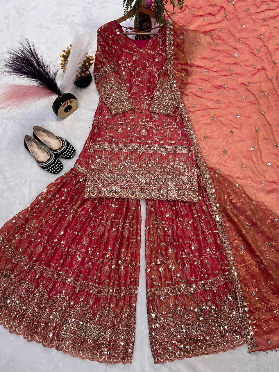Designer Party Wear Look Top , Sharara Plazzo and Dupatta single available wholesale