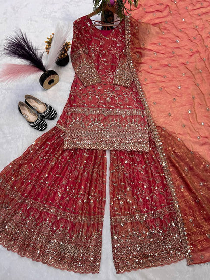 Designer Party Wear Look Top , Sharara Plazzo and Dupatta single available wholesale