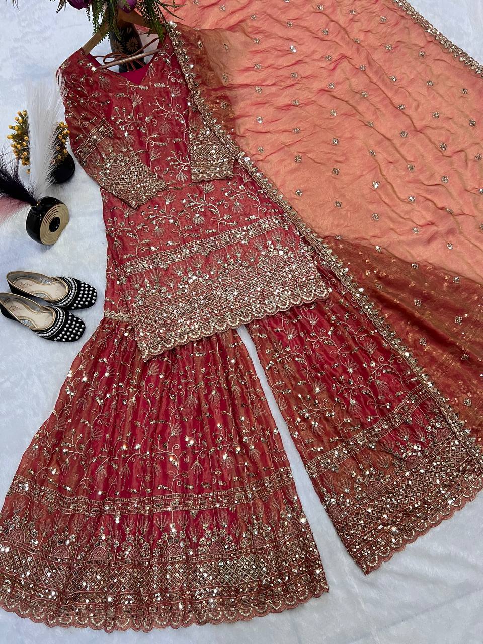 Designer Party Wear Look Top , Sharara Plazzo and Dupatta single available wholesale