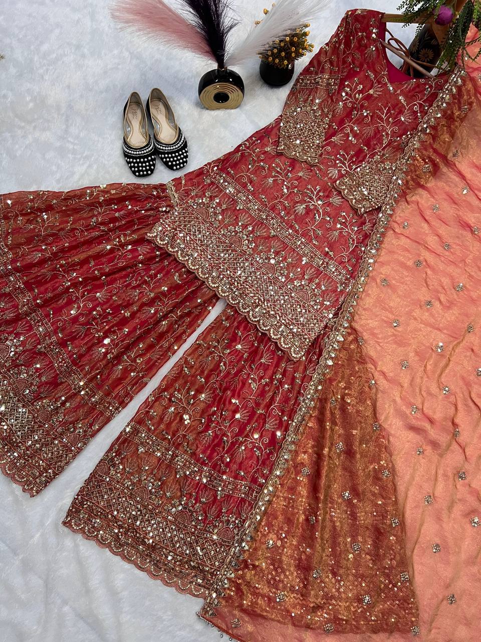 Designer Party Wear Look Top , Sharara Plazzo and Dupatta single available wholesale