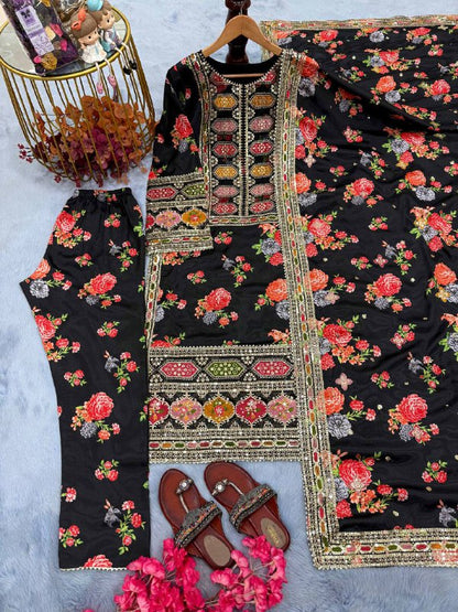 Đěsigner Party Wear Look Pur Chinon Silk Top Bottom & Dupatta Set  single available wholesale