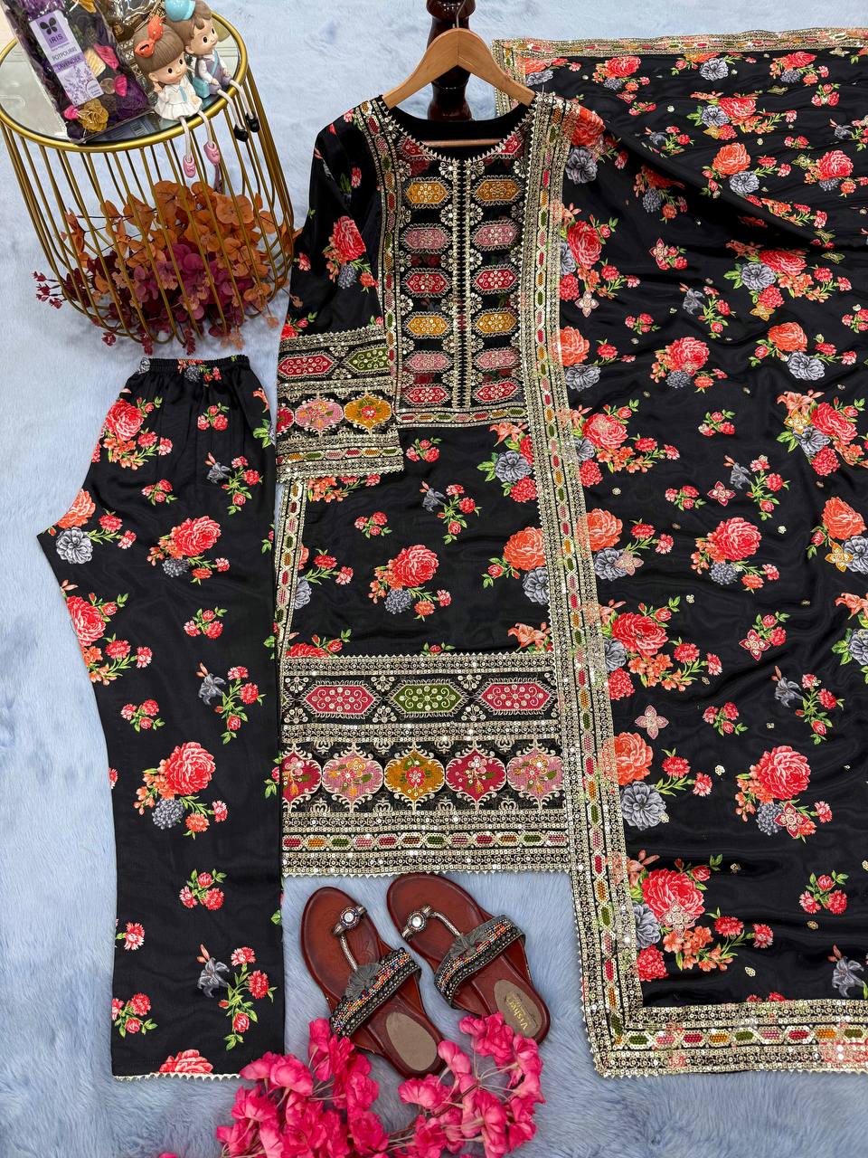 Đěsigner Party Wear Look Pur Chinon Silk Top Bottom & Dupatta Set  single available wholesale