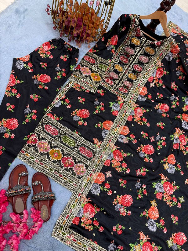 Đěsigner Party Wear Look Pur Chinon Silk Top Bottom & Dupatta Set  single available wholesale