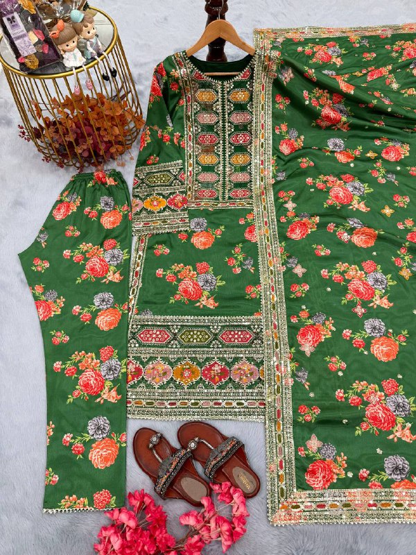 Đěsigner Party Wear Look Pur Chinon Silk Top Bottom & Dupatta Set  single available wholesale