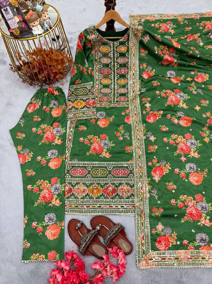 Đěsigner Party Wear Look Pur Chinon Silk Top Bottom & Dupatta Set  single available wholesale