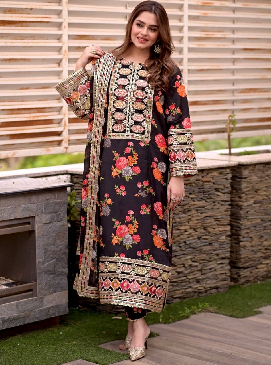 Đěsigner Party Wear Look Pur Chinon Silk Top Bottom & Dupatta Set  single available wholesale
