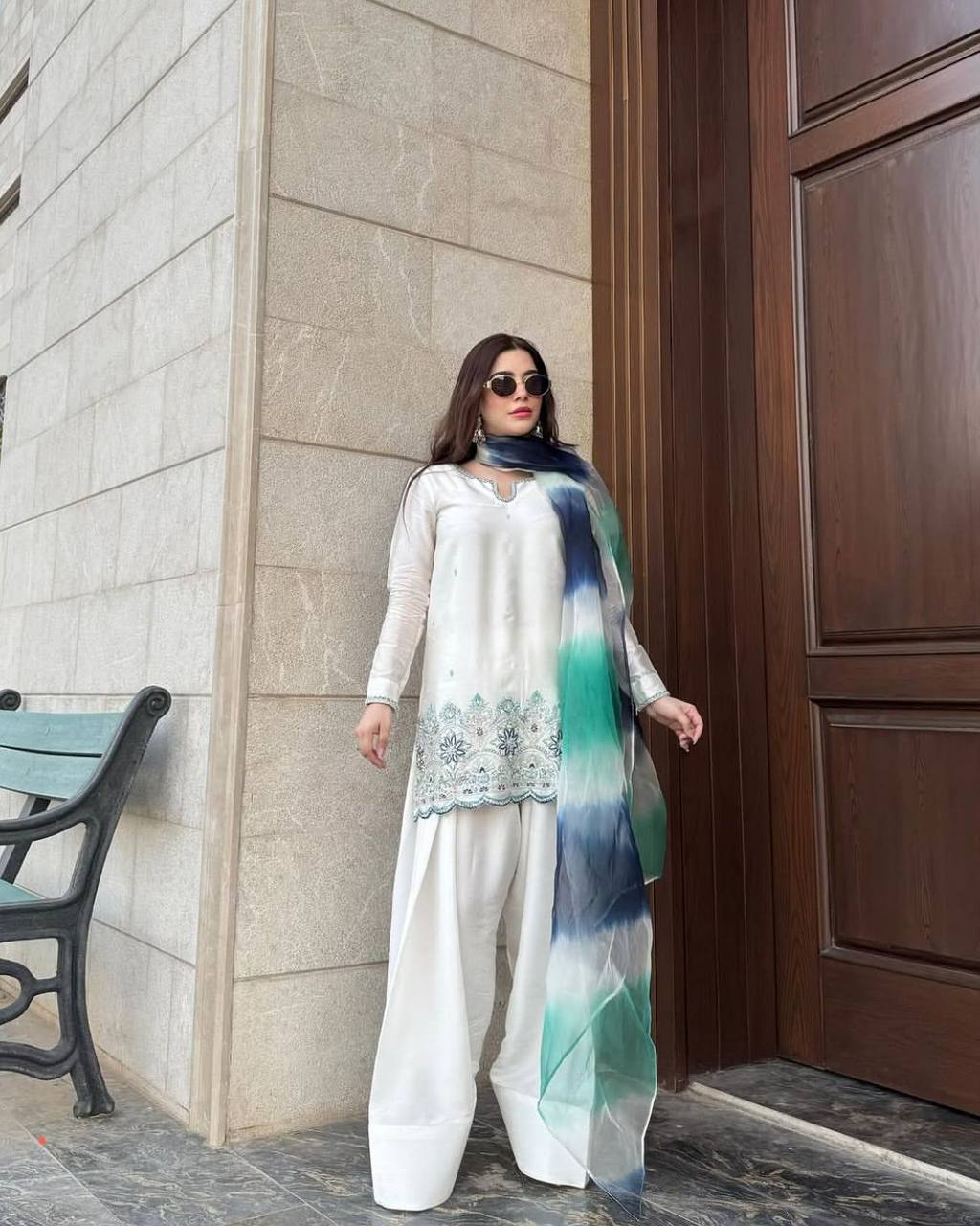DESIGNER WEAR EXCLUSIVE FARSI SALWAR SUIT IN ROMAN SILK FABRIC TOP AND SALWAR WITH DUPATTA