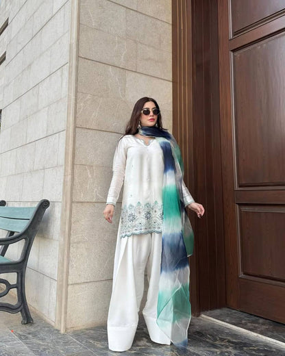 DESIGNER WEAR EXCLUSIVE FARSI SALWAR SUIT IN ROMAN SILK FABRIC TOP AND SALWAR WITH DUPATTA