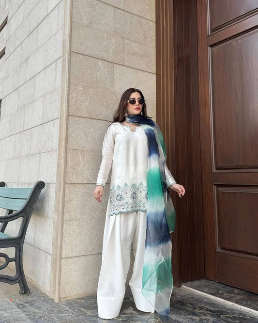 DESIGNER WEAR EXCLUSIVE FARSI SALWAR SUIT IN ROMAN SILK FABRIC TOP AND SALWAR WITH DUPATTA